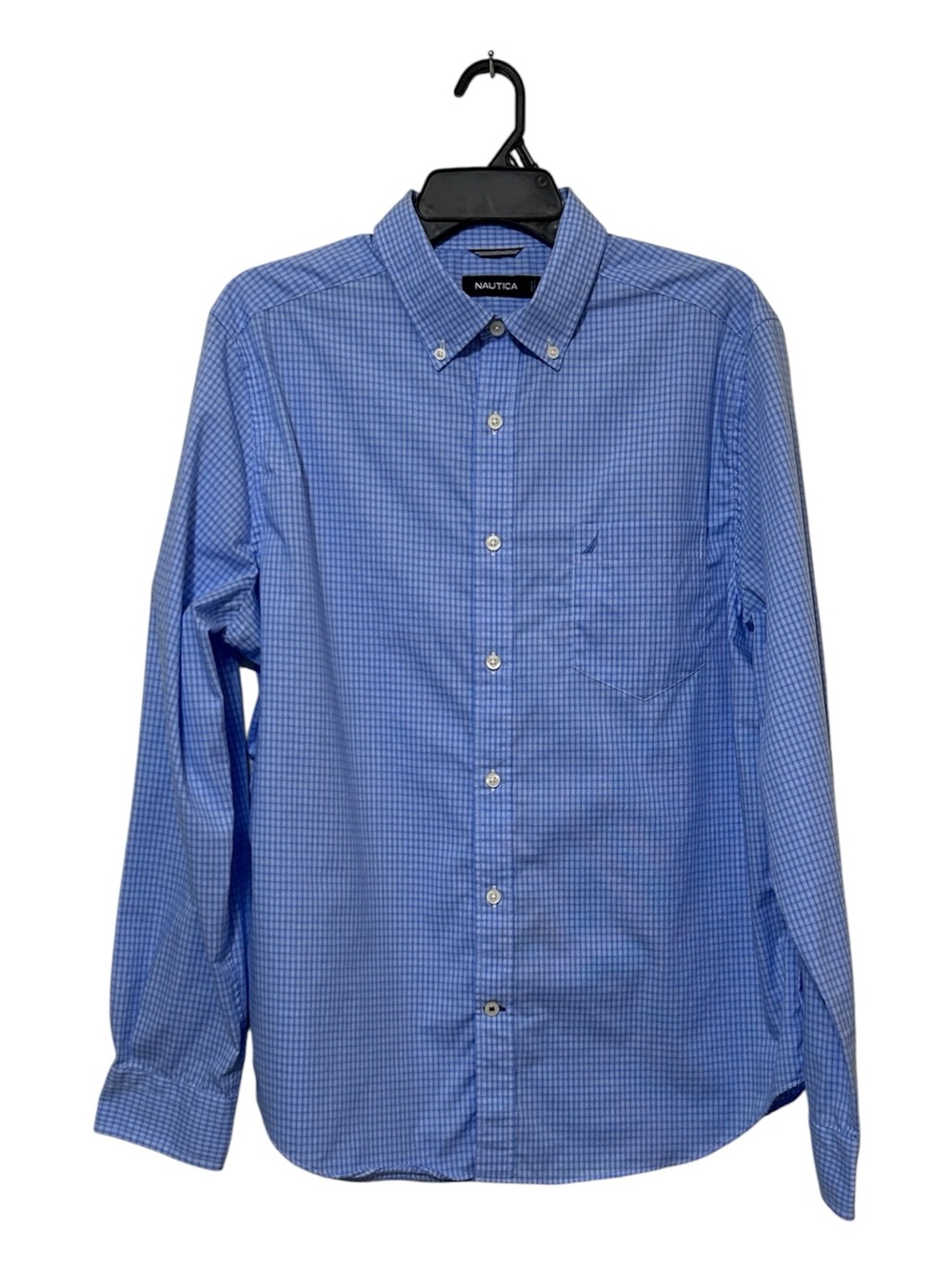 Nautica Large Blue Micro Check Button Down Long Sleeve Shirt Cotton Preppy